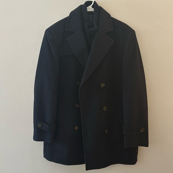 LIKE NEW Ralph Lauren Black Wool Lined Double Point High Collar Pea Coat Zip - Picture 1 of 2